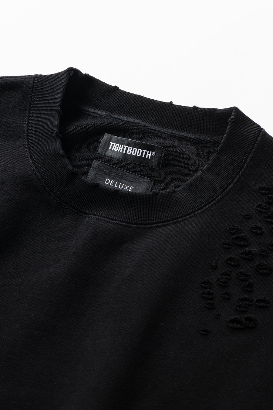 DELUXE x TIGHTBOOTH DAMAGE CREW SWEAT BLACK