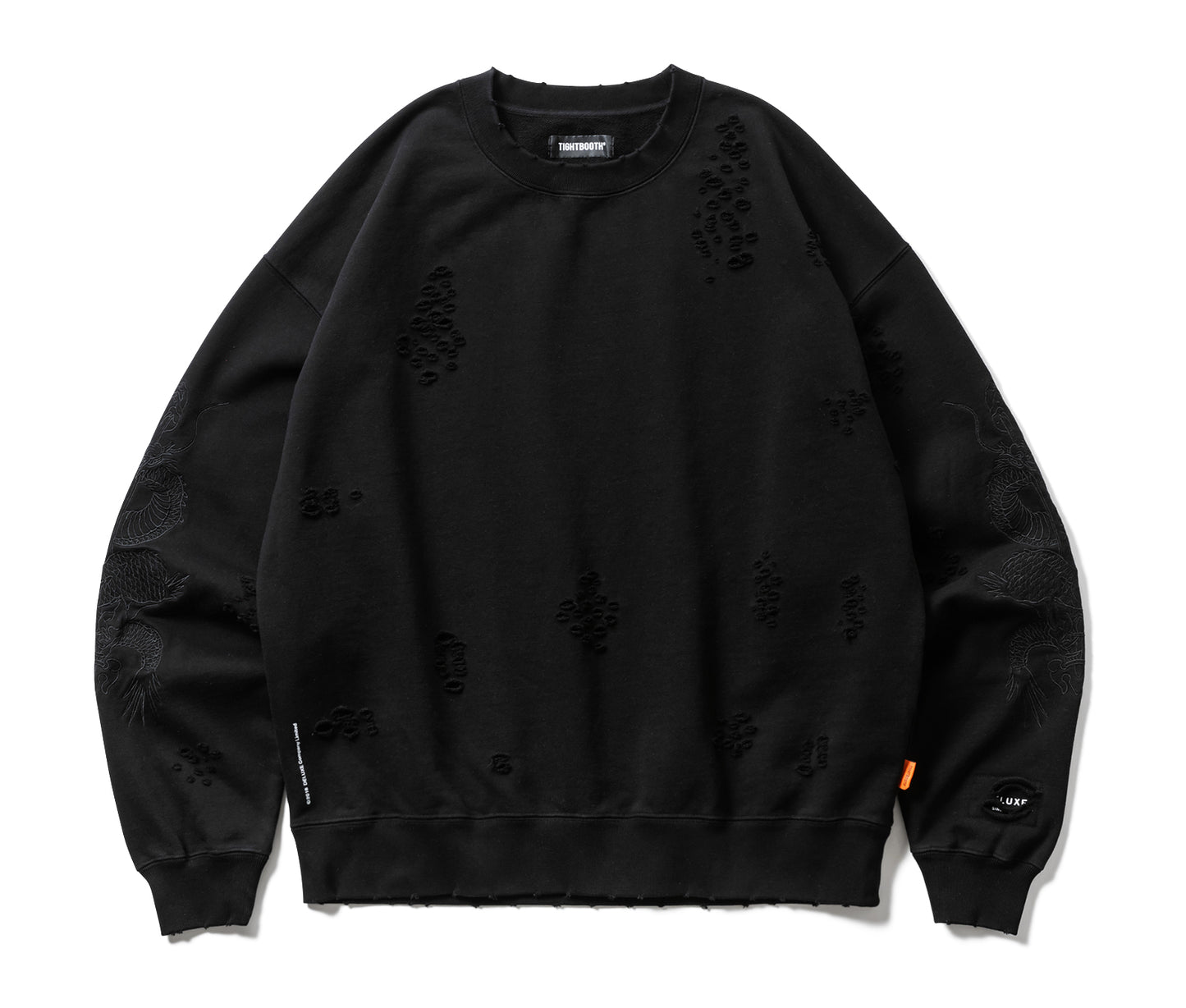 DELUXE x TIGHTBOOTH DAMAGE CREW SWEAT BLACK